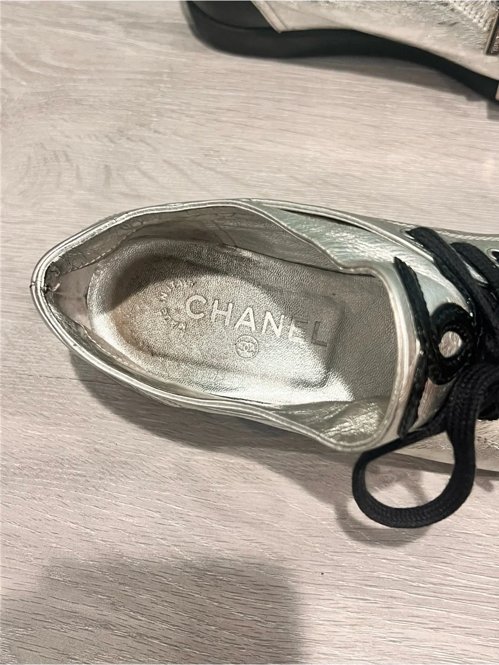 CHANEL Silver and Black Low-Top Lace-Up Sneaker